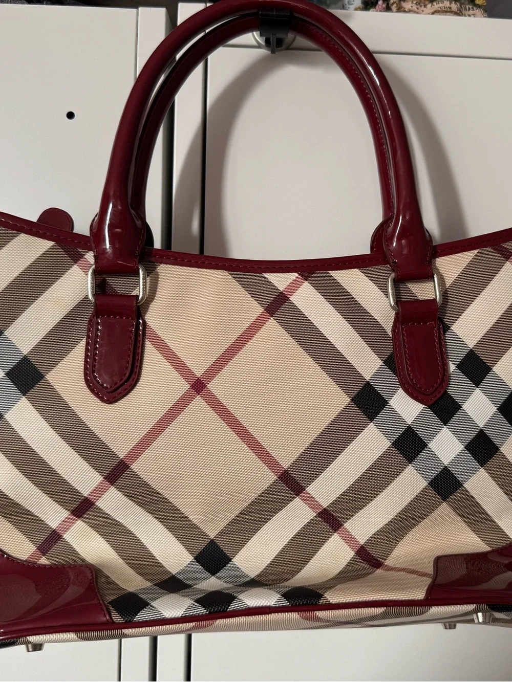 Burberry Beige Plaid Tote with Burgundy Leather Trim